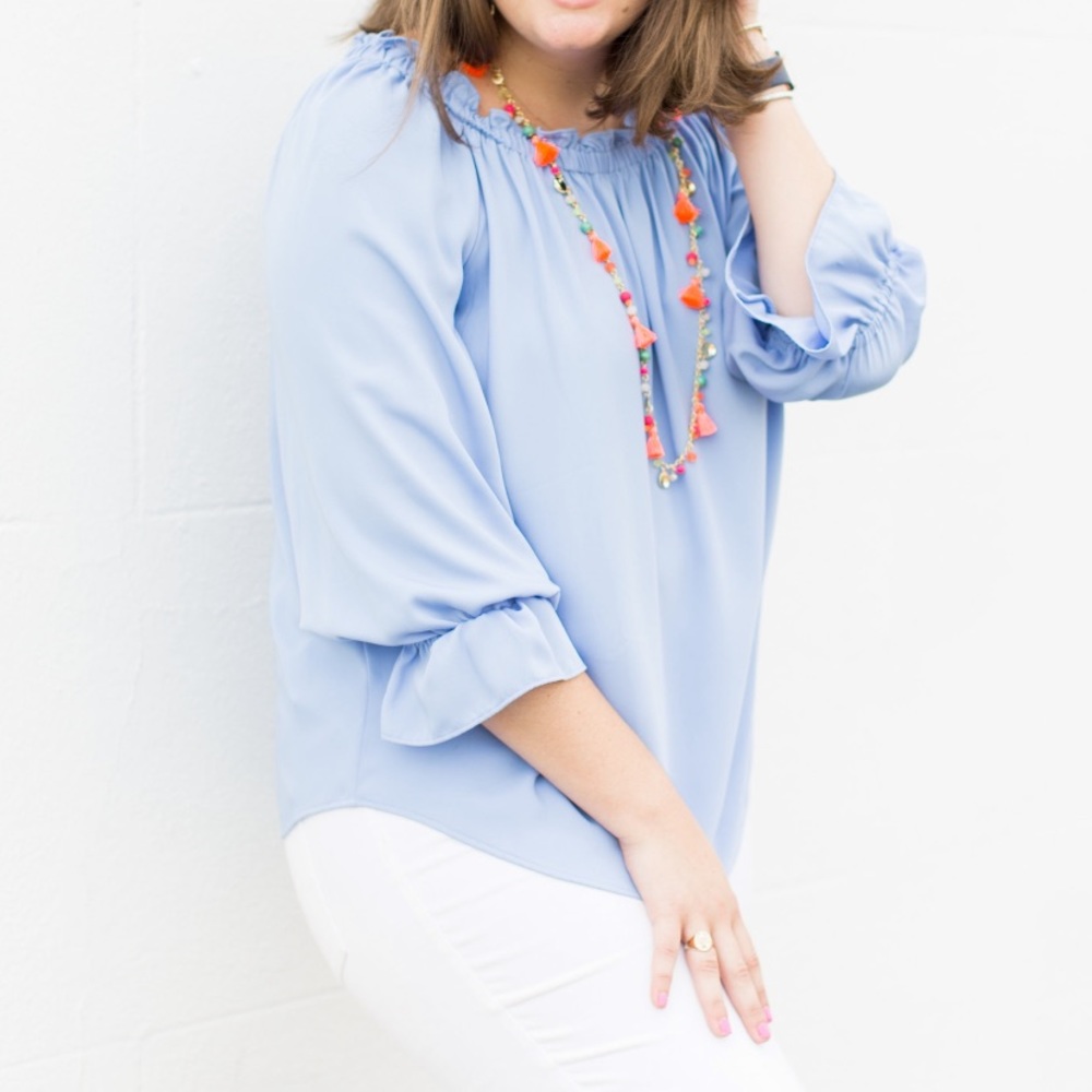 Talbots blue ruffle neck and sleeve blouse